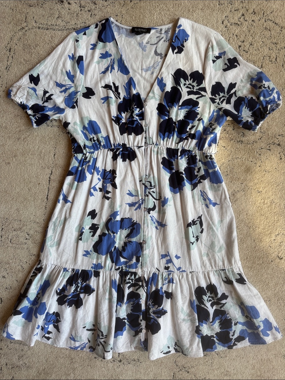 Ellen Tracy White Midi Dress with Blue & Navy Floral Print